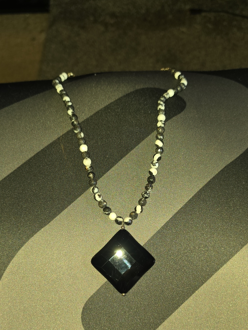 Black & White Stone Beaded Pendant Necklace - Elegant Glass square Black Pendant